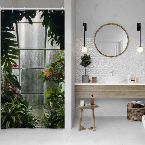 Vista 22 de Cortina de Ducha Floral Bohemia Negra Flores de Mediados de Siglo Botánica Moderna Elegante Estética Cortina de Ducha para Decoración de Baño