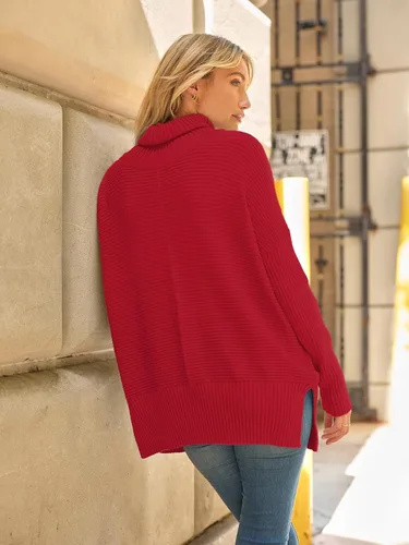 Vista 5 de LILLUSORY Suéteres de cuello alto de gran tamaño para mujer, suéter de túnica acanalado con manga de murciélago