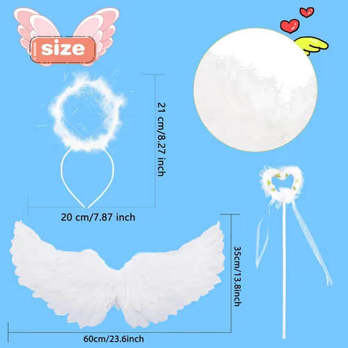 Vista 2 de 6 piezas de alas de ángel para niños y diadema de halo con varita de ángel cosplay para niñas, suministros de fiesta de disfraces de Halloween