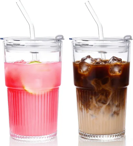 Vista 11 de Juego de 2 vasos de vidrio acanalado con tapas y pajitas de 13 onzas 2 unidades transparentes de 13 onzas
