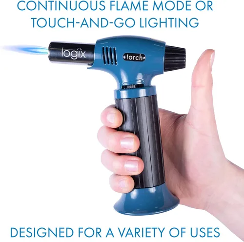 Vista 4 de Encendedor de antorcha de butano, antorcha de cocina para caramelizar, sellar, recargable con bloqueo de seguridad, llama doble ajustable para Azul