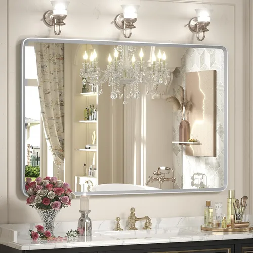 Vista 25 de Espejo rectangular con marco mate negro de 20x30 pulgadas para baño, espejo de tocador para pared de baño con esquinas redondeadas, antióxido y a
