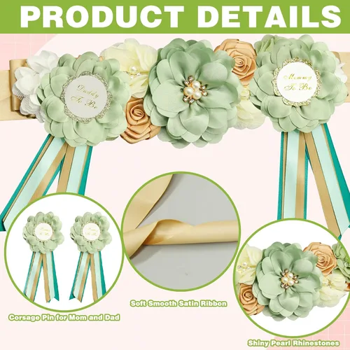 Vista 2 de Juego de 3 bandas de maternidad para baby shower, diseño de flores verdes, cinturón de vientre para mamá niña, banda de embarazo, fajas de embarazo