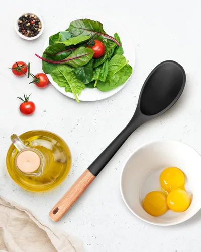 Vista 7 de Cucharas de cocina grandes de silicona, cuchara antiadherente con mango de madera maciza, cucharas de cocina de silicona resistentes al calor