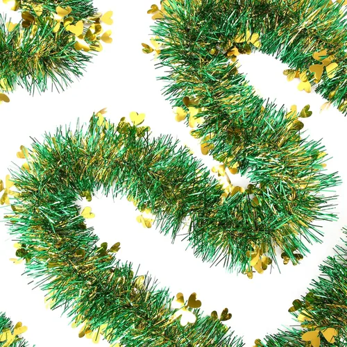 Vista 8 de Guirnalda de oropel de trébol del día de San Patricio de 39.4 pies, 6 unidades, color verde dorado metálico para fiesta irlandesa, hogar, exterior