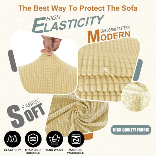 Vista 4 de Funda elástica para sofá, lavable, protector de muebles con espuma antideslizante y parte inferior elástica para niños, perros (sofá biplaza/beige)