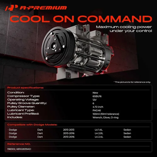 Vista 2 de A-Premium Compresor de aire acondicionado con embrague compatible con Dodge Dart 2013 2014 2015 2016, 1.4L 2.0L 2.4L, 6SBU16 Compresor