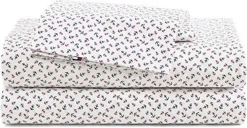 Vista 50 de Tommy Hilfiger - Sábanas para cama individual, ropa de cama de percal de algodón crujiente y fresca con funda de almohada a juego, juego de cama