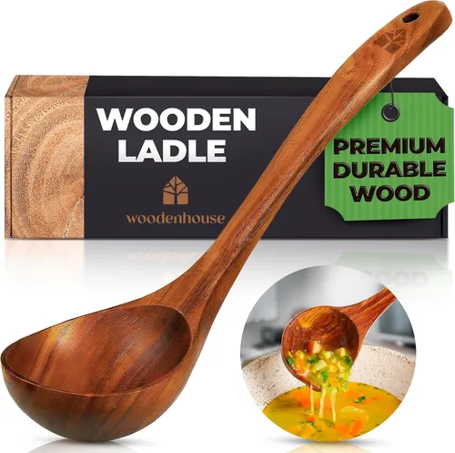 Vista 9 de Cucharón de madera para sopa, juego de cucharones de madera de teca de gran