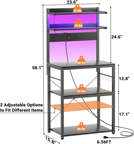 Vista 7 de Aheaplus - Estantería de cocina con toma de corriente, soporte para microondas, estación de café de 5 niveles con luces LED, estante