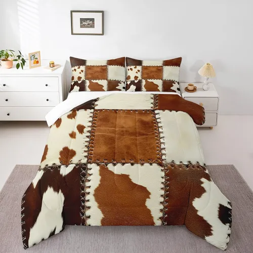 Vista 16 de Juego de edredón con estampado de vaca marrón para niñas y niños, edredón de plumón de piel de vaca de las tierras altas, ropa de cama de piel