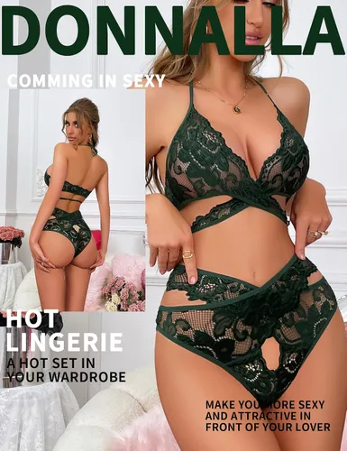 Vista 3 de Donnalla - Conjunto de lencería sexy para mujer, 2 piezas, brasier y pantaletas, conjunto de ropa de dormir