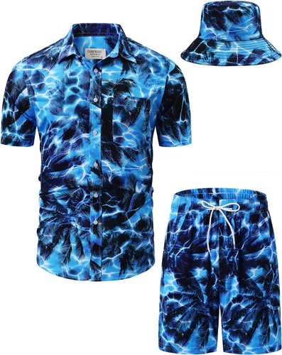 Vista 111 de TUNEVUSE Conjunto de camisas y pantalones cortos hawaianos para hombre, 2 piezas, trajes de playa con estampado de flores, traje tropical de verano