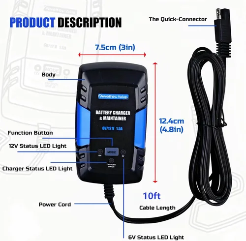 Vista 8 de Cargador de batería inteligente de 6 V y 12 V, mantenedor de Azul
