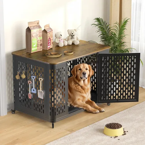 Vista 8 de ONBRILL Mueble resistente para perros grandes y medianos, jaula grande para perros con tapa abatible, cojín y ruedas, jaula para mascotas a prueba
