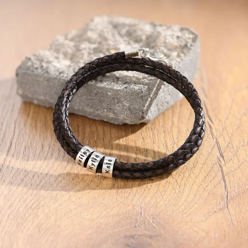 Vista 2 de Sett&Co - Personalized "Quest" BrownBlack Leather Bracelet With Up To 7 Custom Beads With Inscription - Sterling Silver 0.925, 18K Gold Plated