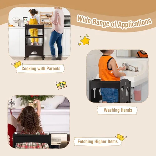 Vista 3 de HONEY JOY Taburete de cocina para niños pequeños, torre de pie de madera con barandilla de seguridad, taburete de aprendizaje plegable Montessori