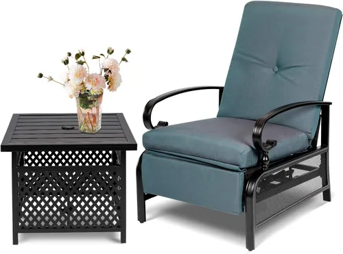 Vista 11 de Sillón ajustable para patio, sillón reclinable de metal automático con cojines extraíbles, color azul
