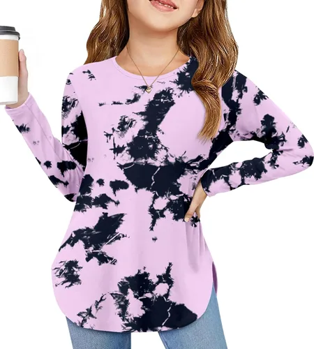 Vista 9 de Arshiner - Camisetas de manga larga para niñas, cuello redondo, dobladillo curvo, abertura lateral, básicas, casuales, de ajuste holgado, tipo