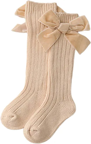 Vista 7 de Kayotuas Calcetines altos hasta la rodilla con lazos, calcetines de uniforme con volantes de tubo largo, calcetines de punto acanalado para bebés