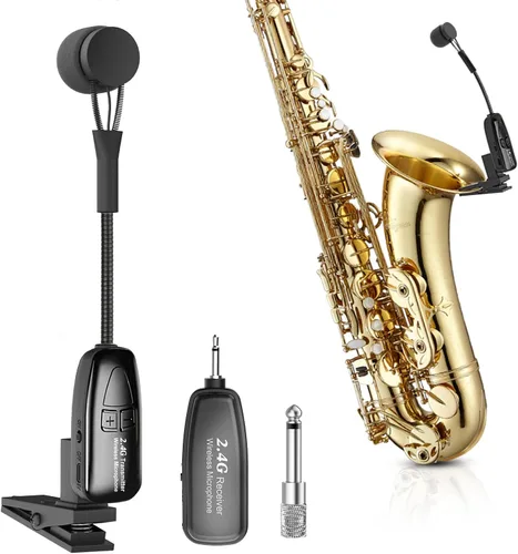 Vista 11 de Micrófono inalámbrico para saxofón, micrófonos UHF para saxofón, micrófono con clip de carga y pantalla digital, para trompeta, tuba, trombón Negro1