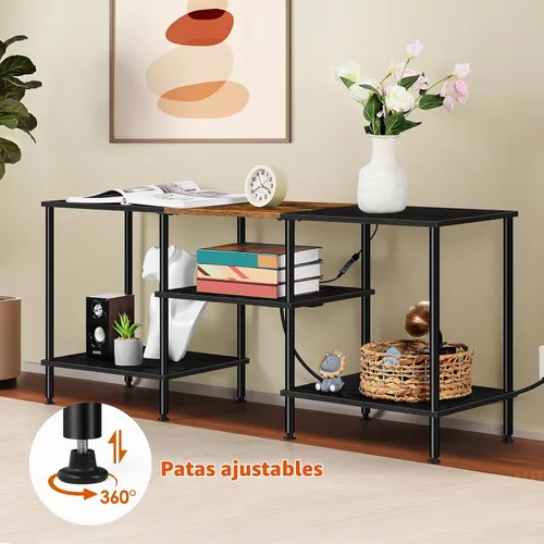 Vista 5 de Soporte de TV LED para dormitorio, soporte de TV negro de 50 pulgadas con toma de corriente, centro de entretenimiento pequeño de 3 niveles