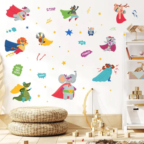 Vista 2 de Calcomanías de pared de súper animales, lindos animales, calcomanías de vinilo para pared, leones, elefantes, tiburones, perezosos, estrellas