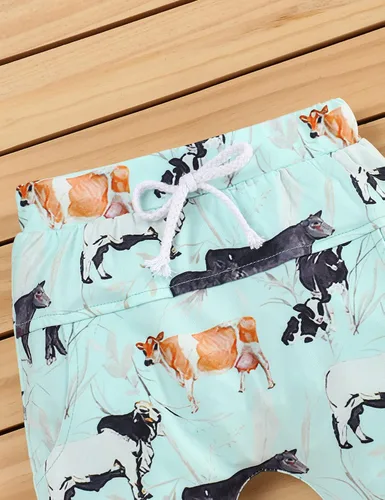 Vista 7 de bilison Conjunto de 3 piezas de ropa de verano para bebé recién nacido con estampado de vaca + pantalones + sombrero