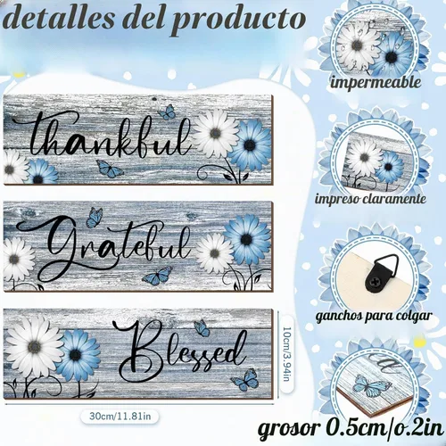 Vista 3 de Geetery 3 piezas de letreros de madera con texto «Thankful Grateful Blessed» con margaritas rústicas, decoración de pared de madera, letreros