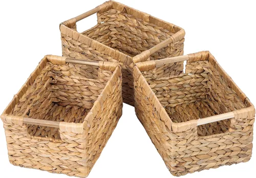 Vista 15 de Cesta de hierba marina natural con mango de madera, cesta de mimbre rectangular mediana para sala de estar, 12.2 x 8.9 x 6.7 pulgadas, paquete de 3