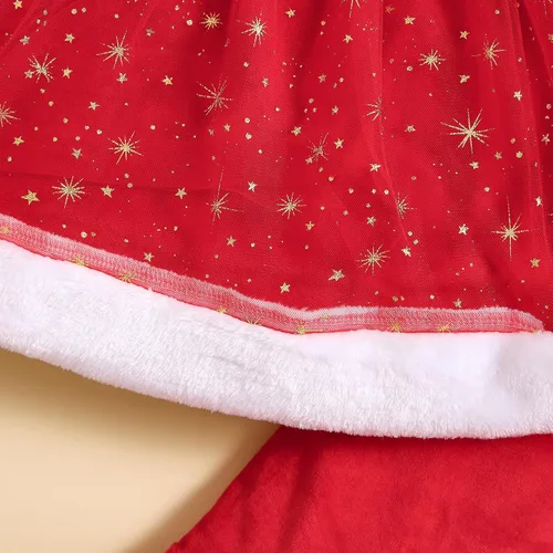Vista 4 de Noubeau Trajes de Navidad para bebé niña con volantes, manga larga, túnica de Papá Noel, parte superior de terciopelo, pantalones acampanados