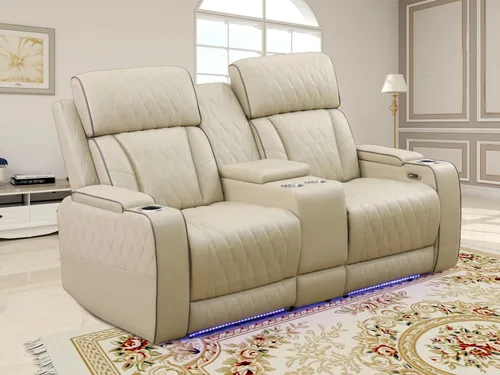 Vista 101 de Juego de sofá reclinable eléctrico, seccional de cuero transpirable beige, juego de muebles de sala de estar, 2 piezas, sofá reclinable eléctrico