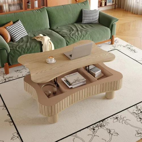 Vista 3 de Mesa central de elevación acanalada de 42 pulgadas, mesa de centro de granja con gran compartimento de almacenamiento oculto, elevación hidráulica