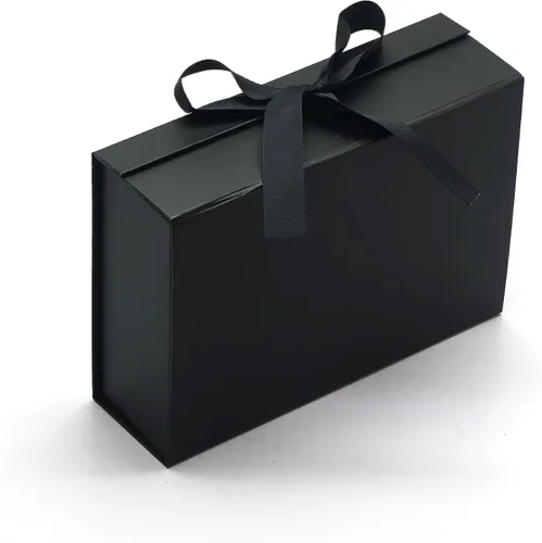 Vista 2 de AVUX Caja de regalo protectora de esquina de 10.5 pulgadas con tapa de lazo y cinta, una caja de regalo vacía de color negro para Navidad, día