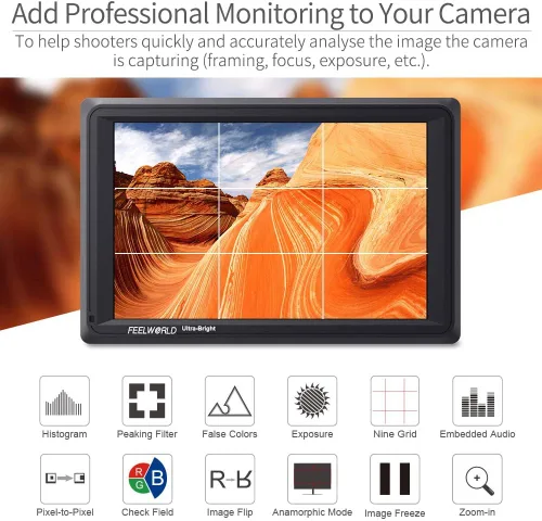 Vista 7 de FEELWORLD FW279S 7 pulgadas ultra brillante 2200nit cámara DSLR Monitor de campo luz diurna visible alto brillo Full HD 1920x1200 3G SDI 4K HDMI
