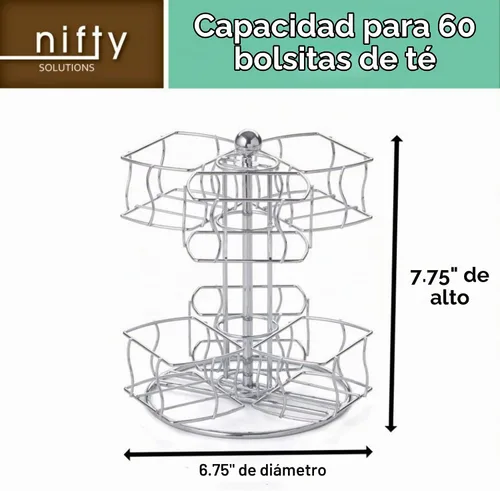 Vista 3 de Nifty - Carrusel giratorio de bolsitas de té, 6 compartimentos, hasta 60 bolsas de té, giros de 360 grados, plataforma Lazy Susan, diseño cromado