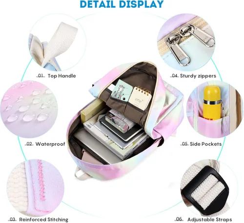 Vista 3 de Pawsky Mochila escolar para niñas, resistente al agua, mochila para laptop con bolsa de almuerzo y estuche para lápices