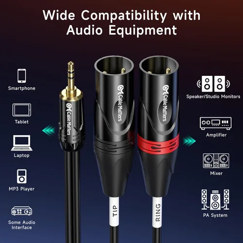 Vista 5 de Cable Matters Cable TRS a 2 XLR de 0.138 in de 1/8 de pulgada de 3 pies, macho a macho Aux a Dual XLR Breakout Cable