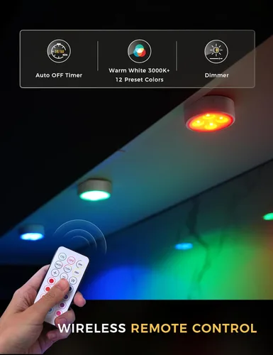 Vista 5 de Luces de empuje con control remoto, 6 piezas de luces LED de disco de hockey alimentadas por batería, iluminación inalámbrica debajo del gabinete