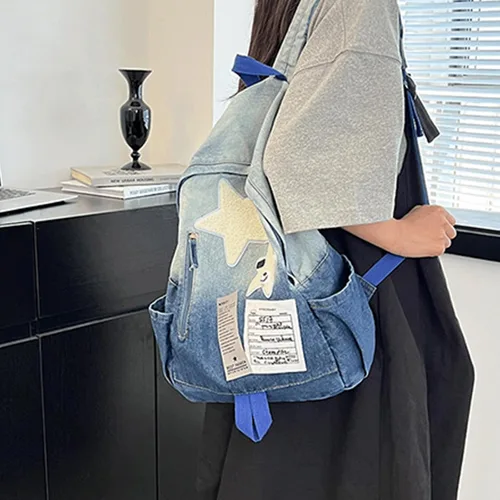 Vista 2 de Mochila de mezclilla Y2K de viaje, linda mochila de mezclilla kawaii gótica, estética, vintage, retro, mezclilla grunge, mochila para viajes