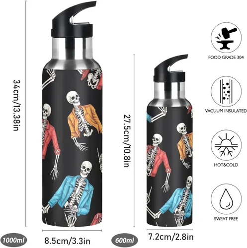 Vista 2 de BPA-Free Sport Water Bottle 32 Oz, Stainless Steel Water Bottle for Gym Outdoor Travel School, Human Skeletons Rock Roll Gesture