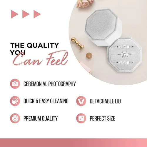 Vista 3 de NIMSIN Caja de terciopelo para anillos de alta calidad para ceremonia de boda con tapa desmontable, elegante y bonita caja para anillos de boda, 3