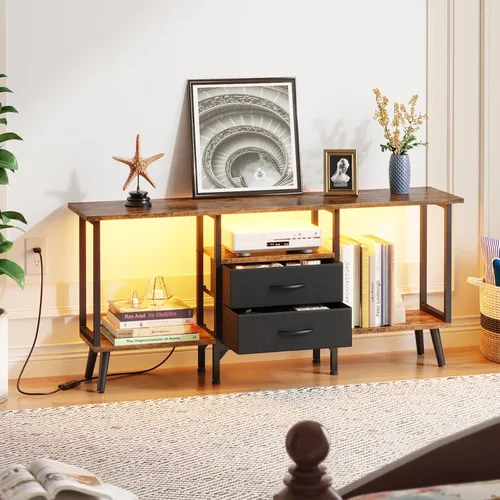 Vista 6 de GYIIYUO Soporte de TV pequeño con cajones de tela/luz LED para TV de 55 pulgadas, centro de entretenimiento con estantes abiertos de almacenamiento