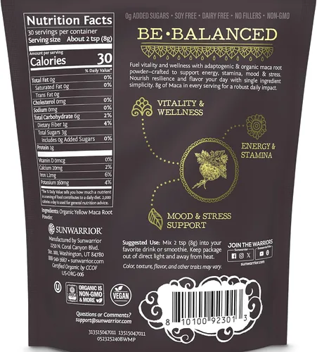 Vista 2 de Polvo de raíz de maca orgánica amarilla – 8 gramos de superalimento orgánico adaptogénico por porción, apoya la energía, la resistencia, el estado