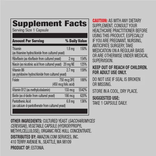 Vista 3 de Complejo Amazon Elements B, alta potencia, 83% de alimentos enteros cultivados, veganos, 65 cápsulas, suministro de 2 meses y biotina 5000 mcg