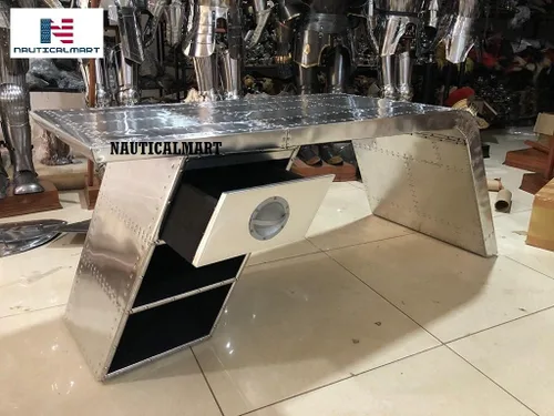 Vista 3 de Nautical-Mart Escritorio de ala de aviador Mesa de aluminio Muebles de aviador (izquierdo, 60 pulgadas)