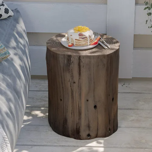 Vista 2 de HOMPUS Mesa auxiliar de hormigón para exteriores, mesa redonda moderna de tocón de árbol Taburete de jardín con extremo de madera sintética
