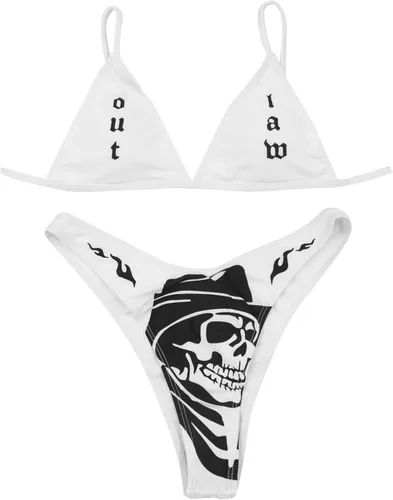 Vista 47 de AIBEARTY Traje de baño de dos piezas con estampado de calaveras para mujer, conjunto de bikini triangular de corte alto para fiesta, festival