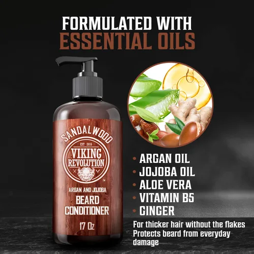 Vista 3 de Viking Revolution Acondicionador de barba con aceites de argán y jojoba – suaviza y fortalece – Aroma de sándalo – Acondicionador de barba