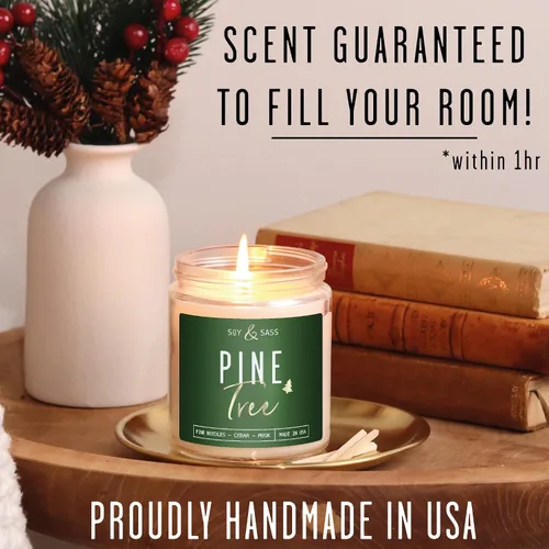 Vista 4 de Vela de pino, velas perfumadas de pino, velas de Navidad perfumadas – Vela de soja 'Pine Tree', con agujas de abeto, cedro cálido y sándalo